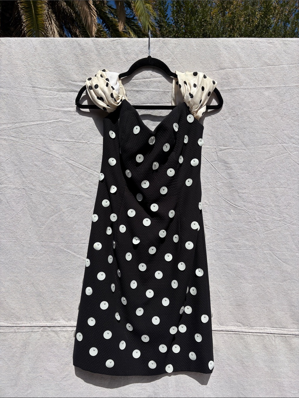 Black Polka Dot Sleeveless Dress with Ivory Shoulder Accents